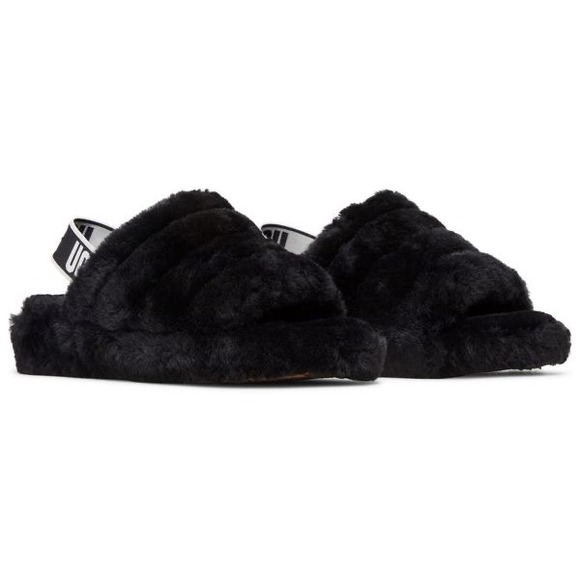 UGG Fluff Yeah Slide Slippers Black Sheepskin Fur Elastic Strap Women's Size 9 - Picture 2 of 8